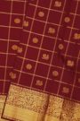 Kancheepuram Silk Dark Maroon Saree With Zari Checks Floral And Peacock Buttis Body