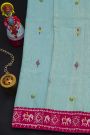 Fusion Silk Sky Blue Saree With Floral And Elephants In Ikkat Border