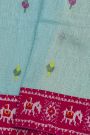 Fusion Silk Sky Blue Saree With Floral And Elephants In Ikkat Border
