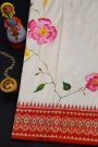 Fusion Ikat Silk Off White Saree With Floral And Leaf Patchwork Body
