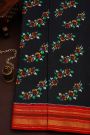 Pochampally Ikat Silk Black Saree With Florals And Leaves Body