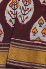 Ikat Silk Dark Maroon Saree With Floral And Leaves Body