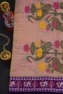 Fusion Silk Pink Saree With Florals And Elephants In Ikkat Border