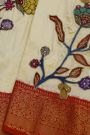 Fusion Ikat Silk Off White Saree With Patch Work Floral Body
