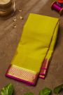 Mysore Crepe Lime Yellow Saree With Florals And Leaves Border