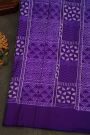 Pochampally Ikat Silk Purple Saree With Floral And Diamond Checks Body