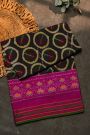Pochampally Ikat Silk Black Saree With Floral And Leaf Lines Border
