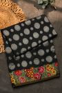 Fusion Ikat Silk Black Saree With Florals And Leaves Jaal With Thread Work Border