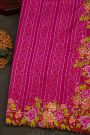 Fusion Ikat Silk Pink Saree With Florals And Leaves In Thread Work Border