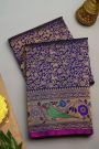 Gadwal Silk Navy Blue Saree With Florals And Parrots Border
