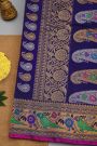 Gadwal Silk Navy Blue Saree With Florals And Parrots Border
