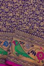 Gadwal Silk Navy Blue Saree With Florals And Parrots Border