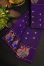 Gadwal Silk Navy Blue Saree With Florals And Peacock Zari Border