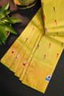 Gadwal Silk Lime Yellow Saree With Muniya Buttis Body And Swan Border