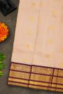 Kancheepuram Silk Peach Pink Saree With Purple And Antique Gold Zari Floral Peacock Border