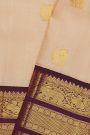 Kancheepuram Silk Peach Pink Saree With Purple And Antique Gold Zari Floral Peacock Border