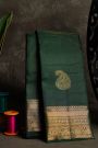 Kancheepuram Silk Bottle Green Saree With Zari Checks And Peacock Paisley Body