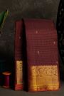 Kancheepuram Silk Dark Maroon Saree With Zari Checks Floral And Leaf Jaal Border