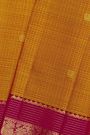 Kancheepuram Silk Mustard Yellow Saree With Zari Checks Florals And Peacock Buttis Body