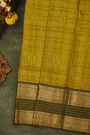 Kancheepuram Silk Mustard Yellow Saree With Zari Checks Florals And Peacocks Buttis Body