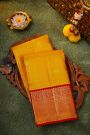 Kancheepuram Silk Mustard Yellow Saree With Zari Checks Diamonds And Peacock Border