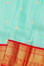 Kancheepuram Silk Sky Blue Saree With Rudraksha Buttis Body And Traditional Border