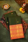 Kancheepuram Silk Bottle Green Saree With Peacocks And Yalis Border