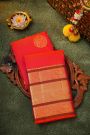 Kancheepuram Silk Pinkish Red Saree With Florals And Elephants Body And Self Border