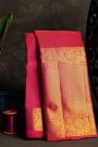 Kancheepuram Silk Pink Saree With Zari Lines And Peacocks Border