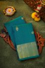 Kancheepuram Silk Sea Blue Saree With Florals And Peacocks In Checks Body