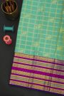 Kancheepuram Silk Sea Green Saree With Peacocks And Elephants Checks Body And Zari Thread Border