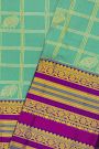 Kancheepuram Silk Sea Green Saree With Peacocks And Elephants Checks Body And Zari Thread Border