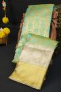 Kancheepuram Silk Aqua Green Saree With Peacocks And Elephants In Checks Body