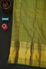 Kancheepuram Silk Bottle Green Saree With Florals And Cross Lines With Yalis Border
