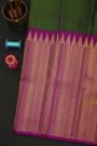 Kancheepuram Silk Bottle Green Saree With Floral Leaves And Temple Border