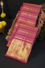 Kancheepuram Silk Rani Pink Saree With Cross Lines And Peacocks Border