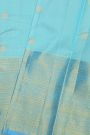 Kancheepuram Silk Sky Blue Saree With Zari Checks Florals And Peacocks Border