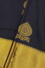 Kancheepuram Silk Navy Blue Saree With Florals And Leaves In Zari Body And Long Kaddi Border