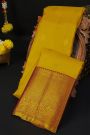 Kancheepuram Silk Mustard Saree With Cross Lines Florals And Peacocks Border