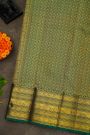 Kancheepuram Silk Bottle Green Saree With Floral Peacock And Elephant Zari Border