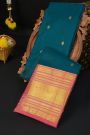 Kancheepuram Silk Teal Blue Saree With Cross Lines And Florals Border