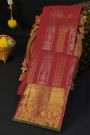 Kancheepuram Silk Burgundy Saree With Florals And Leaves In Lines Body Zari Turning Weave