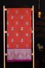 Venkatagiri Silk Rust Orange Saree With Florals And Peacock Buttis Body