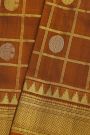 Venkatagiri Silk Rust Orange Saree With Zari Checks And Peacock Buttis Body