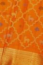 Venkatagiri Silk Orange Saree With All Over Floral Buttis And Animal Weave Body