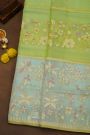 Fancy Organza Lime Green Saree With Florals And Leaves Body