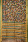 Kalamkari Silk Turquoise Blue Saree With Peacocks And Paisleys Border
