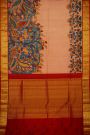 Hand Painted Kalamkari Silk Cream Saree With Florals And Birds Border