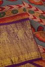 Kalamkari Silk Slate Grey Saree With Elephants And Florals Border