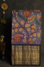 Kalamkari Silk Sky Blue Saree With Peacocks And Florals Border